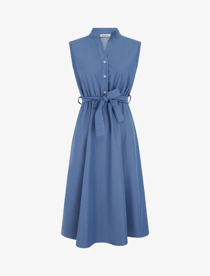 Elastisches einfarbiges Kleid mit geknöpftem Oberteil - Blau