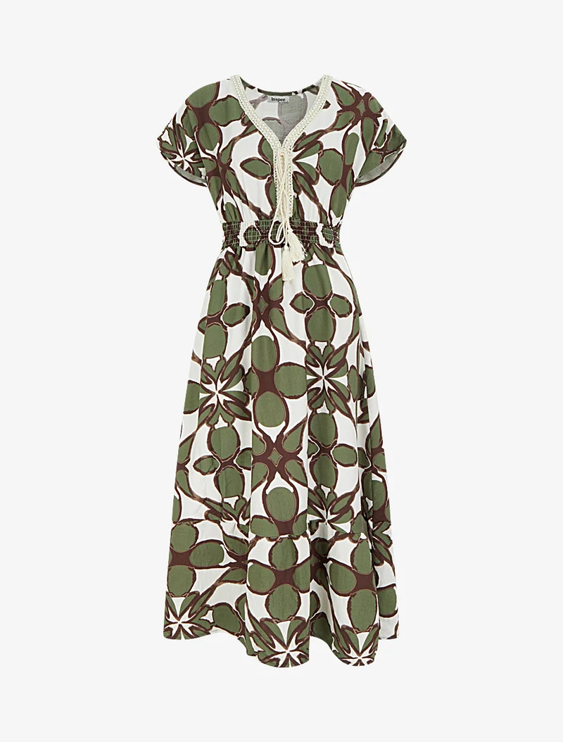 Kleid mit fantasievollem Druck und Häkelkragen - Kaki
