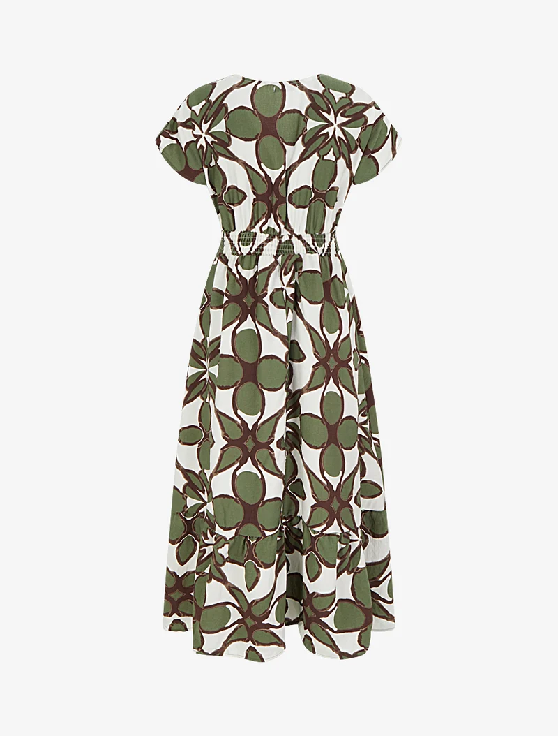Kleid mit fantasievollem Druck und Häkelkragen - Kaki