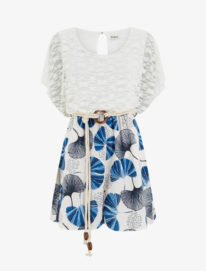 Ginko-bedruckter Overall mit Spitze am Oberteil - Marine