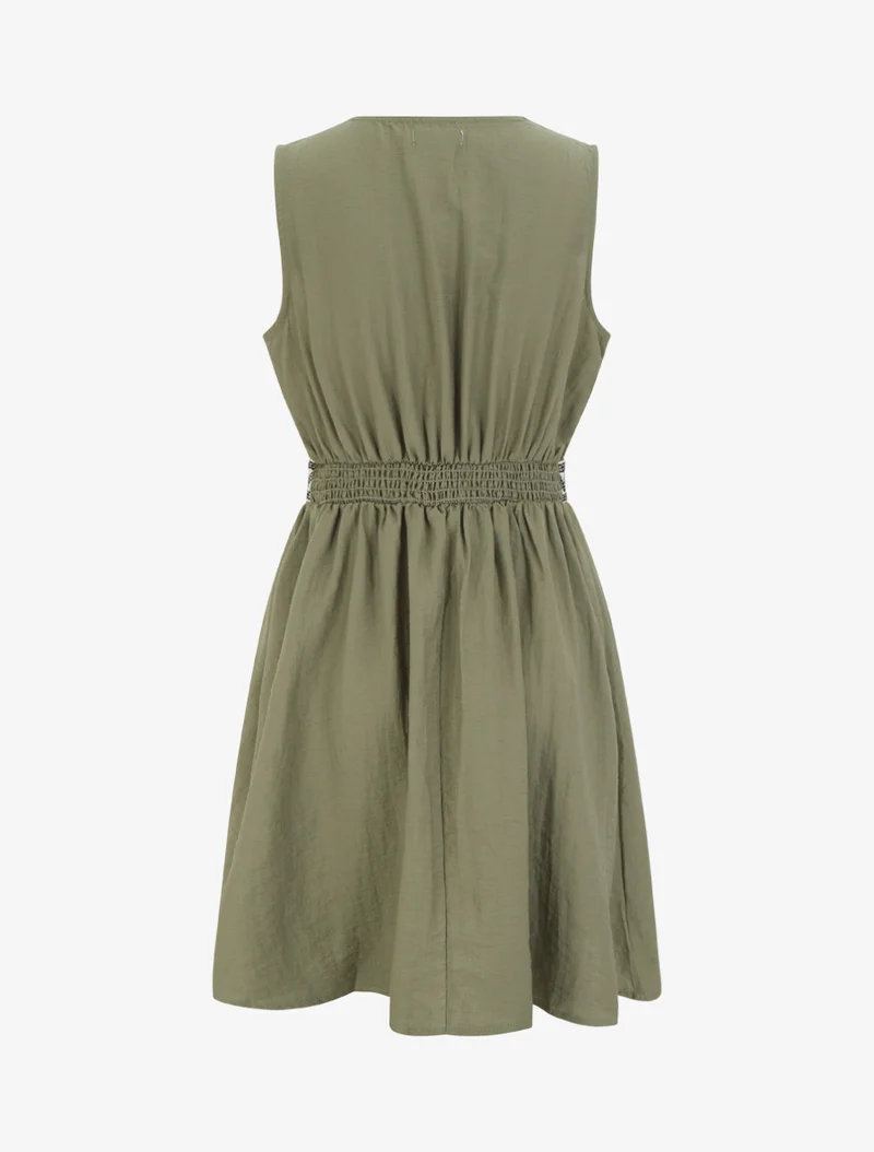 Midikleid aus Leinen mit besticktem Mieder - Kaki