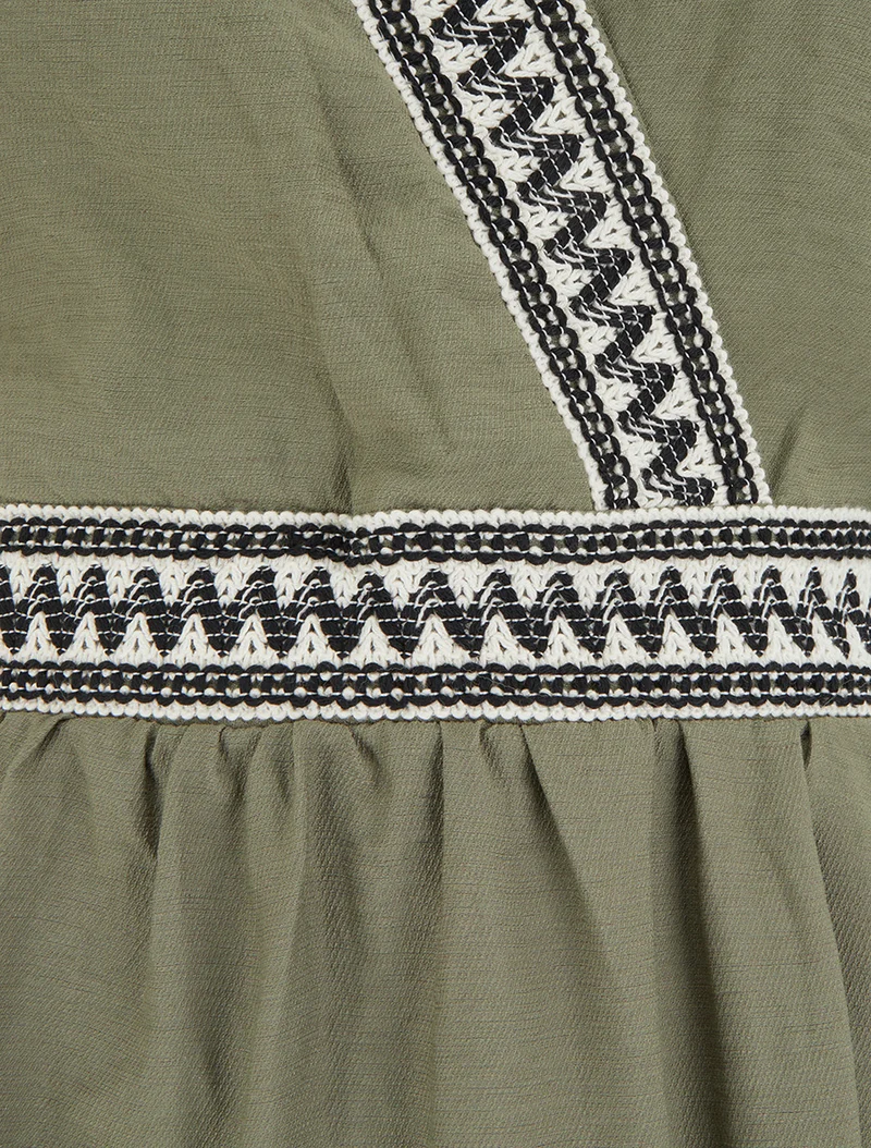 Midikleid aus Leinen mit besticktem Mieder - Kaki