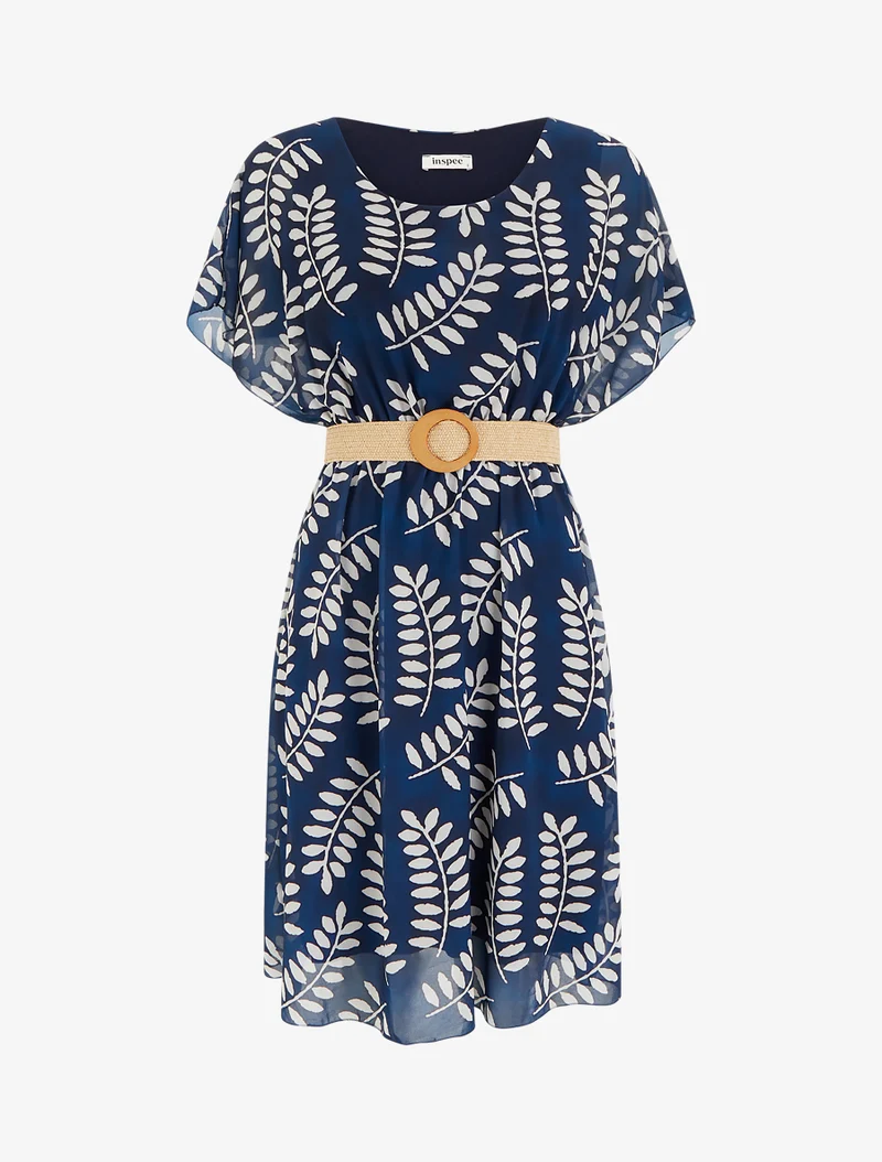 Midikleid mit Blätterdruck und kurzen Ärmeln - Marine