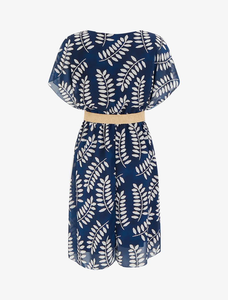 Midikleid mit Blätterdruck und kurzen Ärmeln - Marine
