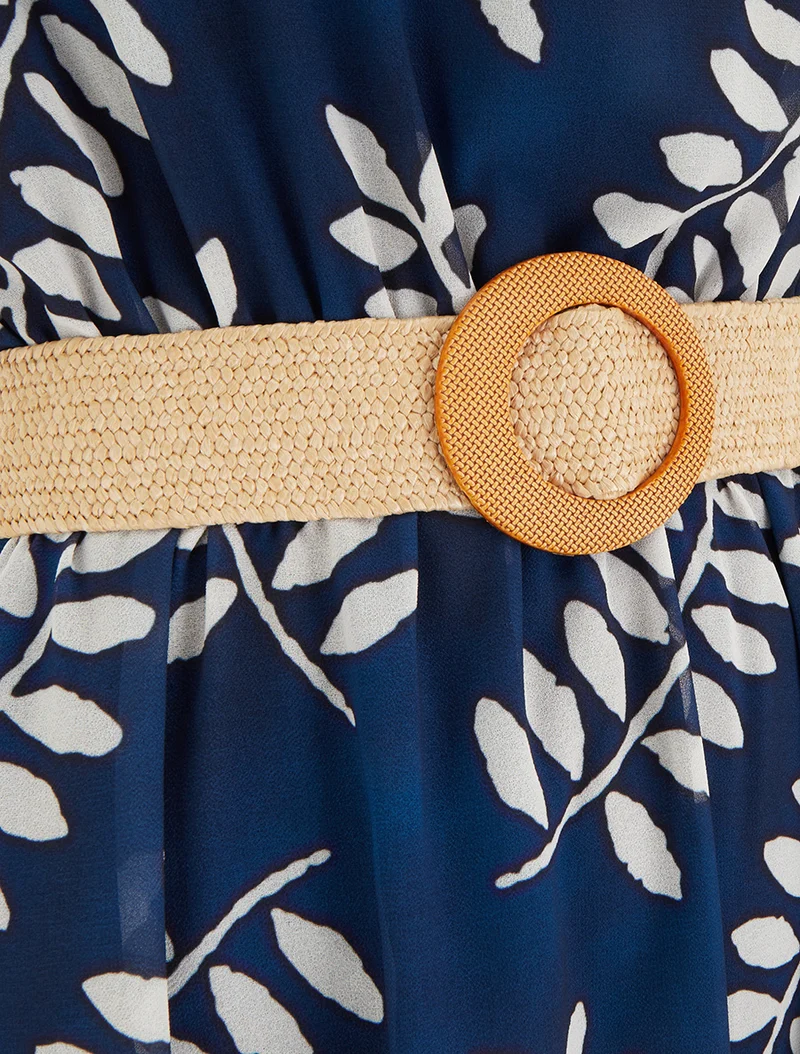 Midikleid mit Blätterdruck und kurzen Ärmeln - Marine