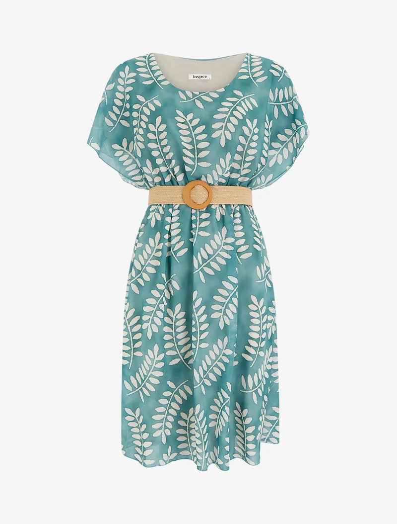 Midikleid mit Blätterdruck und kurzen Ärmeln - Wassergrün