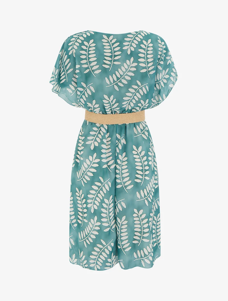 Midikleid mit Blätterdruck und kurzen Ärmeln - Wassergrün