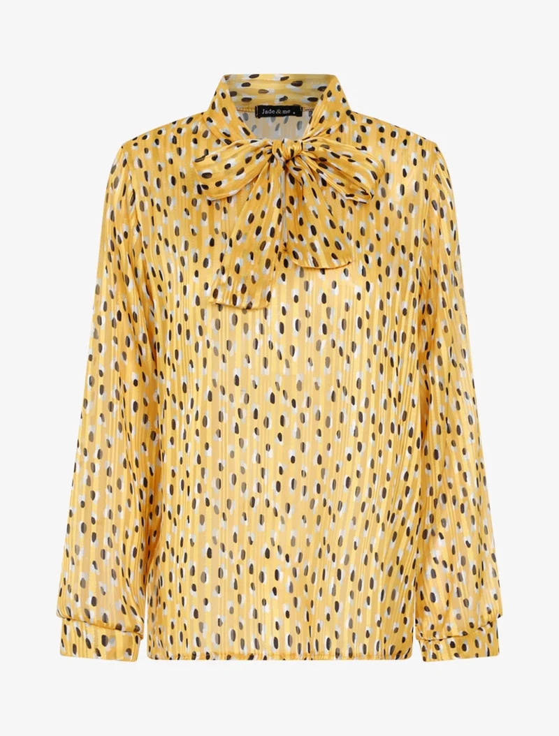 Transparente Bluse mit Lavallièrekragen und Druckmuster - Gelb