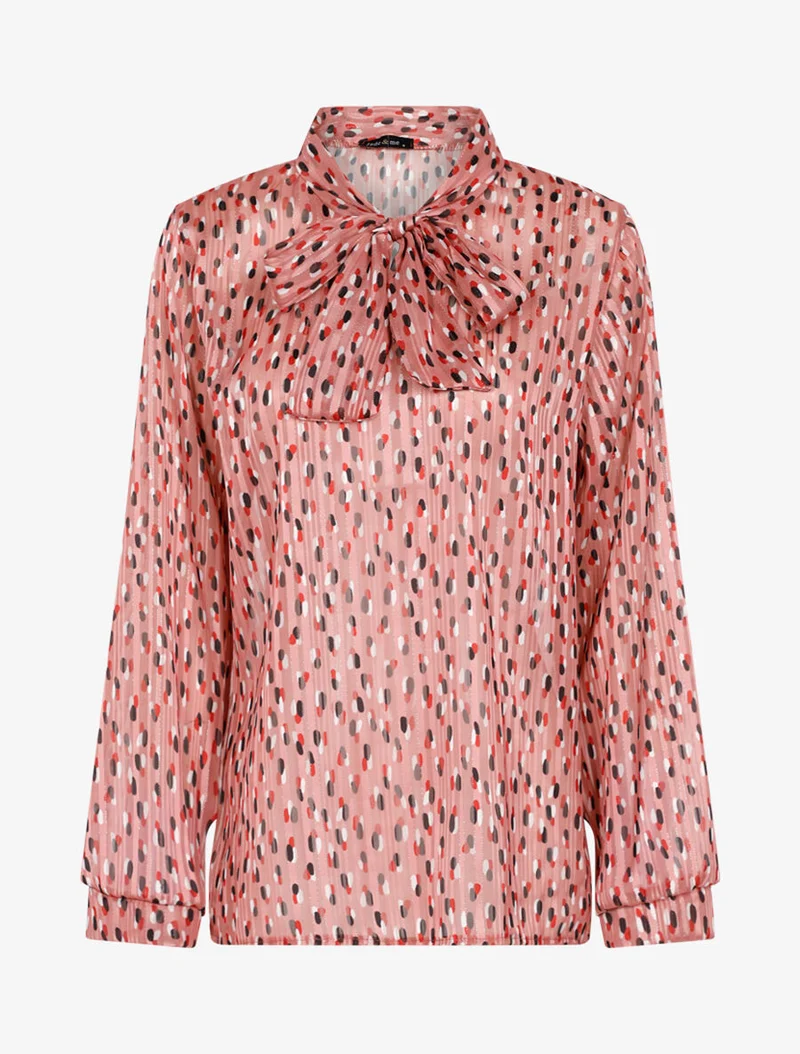 Transparente Bluse mit Lavallièrekragen und Druckmuster - Rose