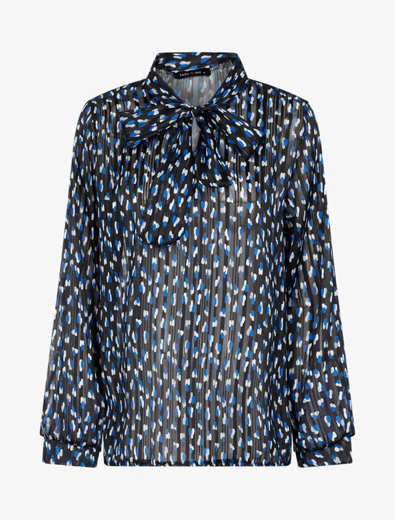 Transparente Bluse mit Lavallièrekragen und Druckmuster - Schwarz