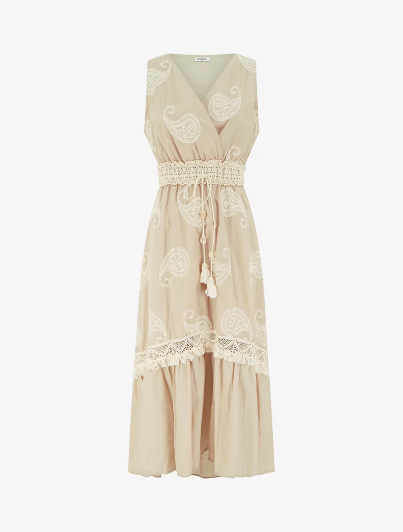 Langes Kleid mit Paisley-Stickerei-Muster - Beige