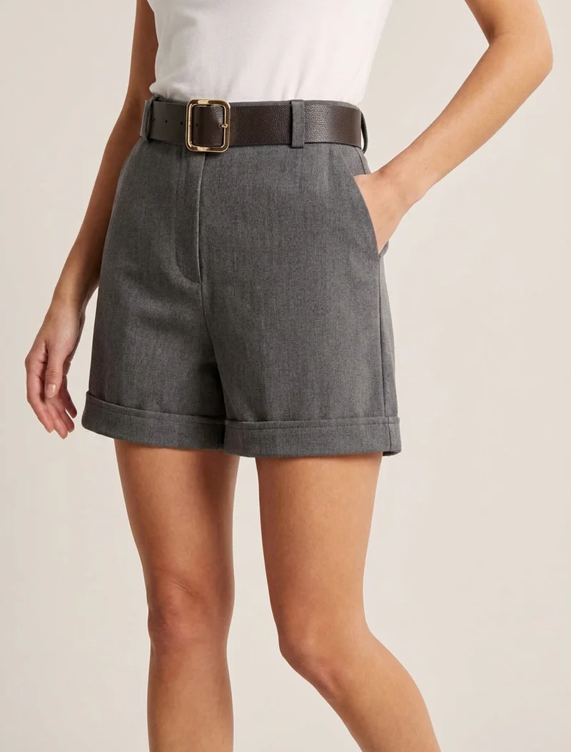 Gekrempelte Shorts mit Gürtel - Grau