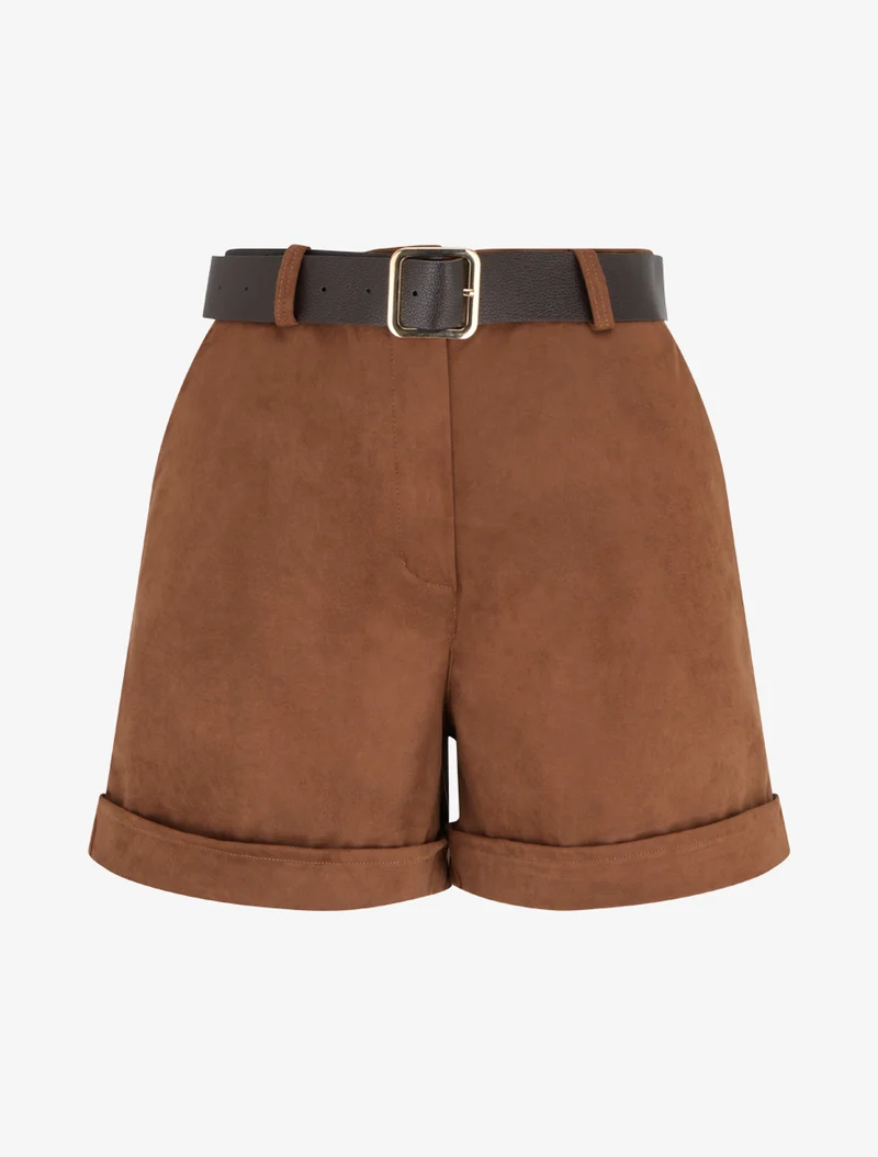 Shorts mit Umschlag aus Wildlederimitat - Kamel