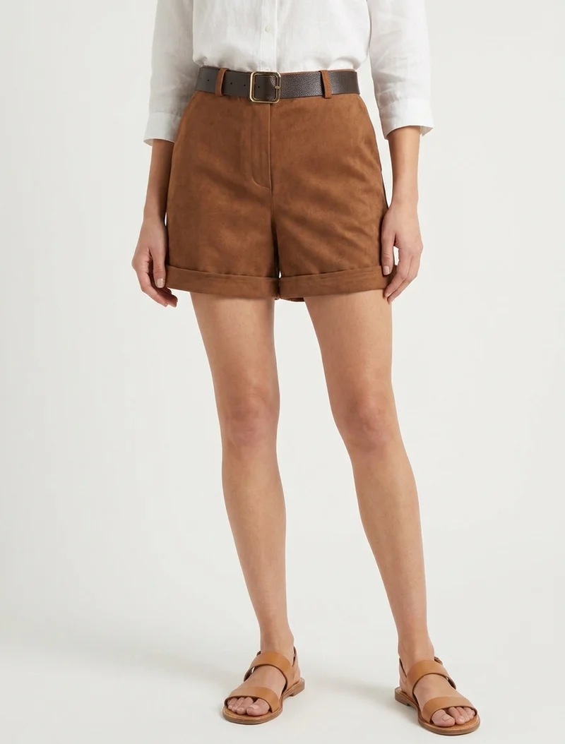 Shorts mit Umschlag aus Wildlederimitat - Kamel