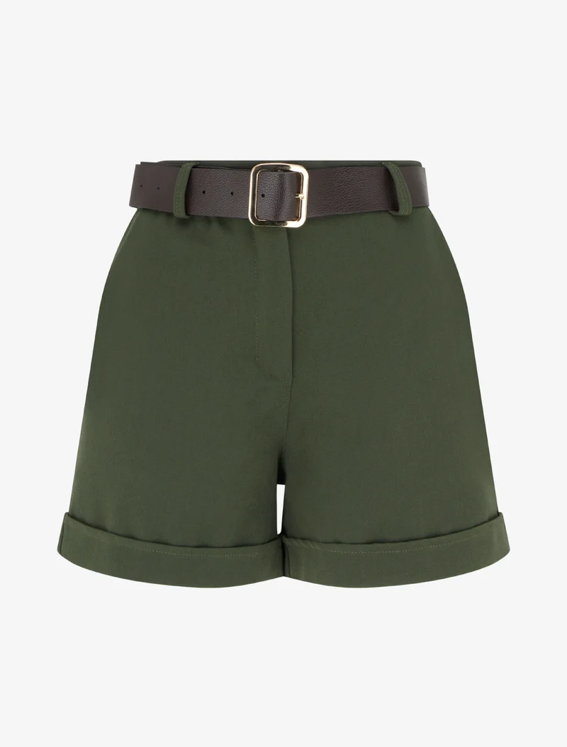 Gekrempelte Shorts mit Gürtel - Kaki