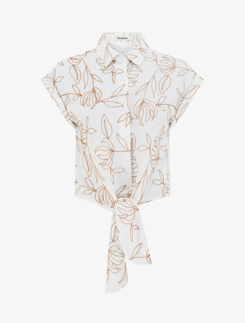 Bluse mit pflanzlichen Stickereien zum Binden - Ecru