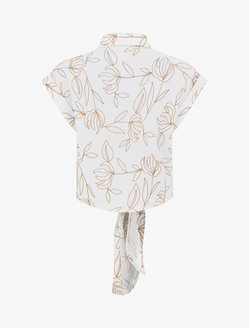 Bluse mit pflanzlichen Stickereien zum Binden - Ecru