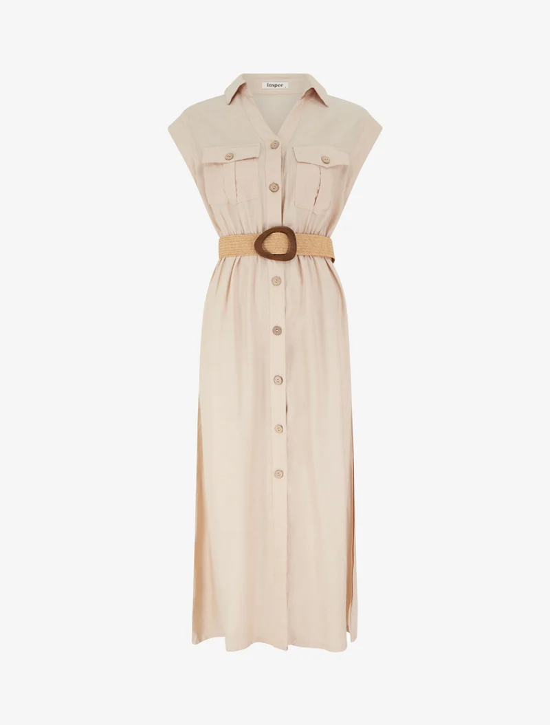 Einfarbiges langes Kleid mit Knöpfen - Beige
