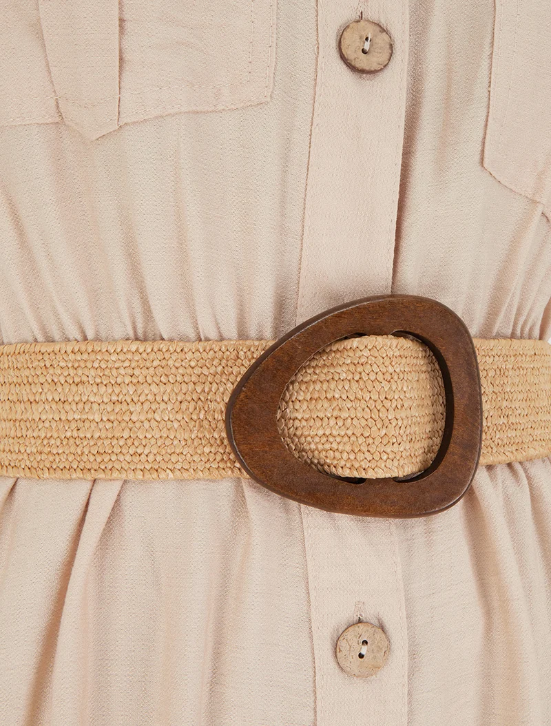 Einfarbiges langes Kleid mit Knöpfen - Beige
