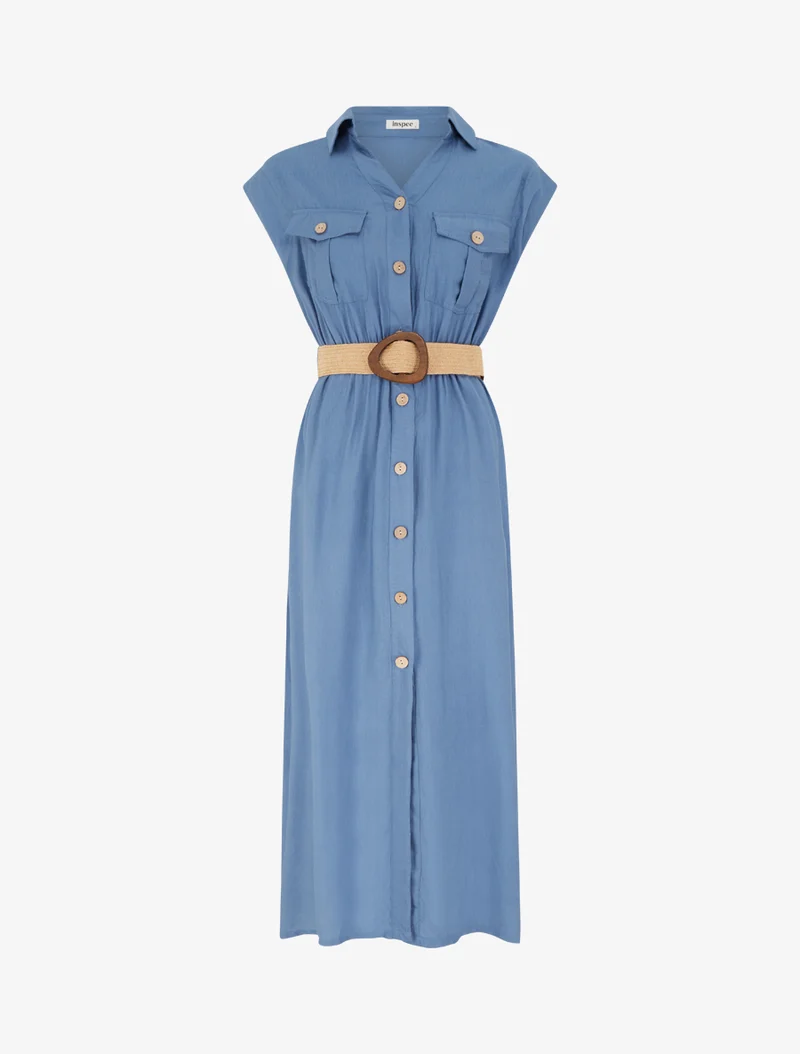 Einfarbiges langes Kleid mit Knöpfen - Blau
