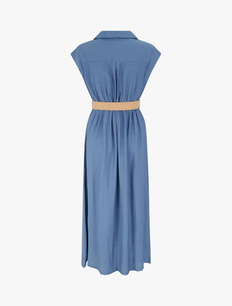 Einfarbiges langes Kleid mit Knöpfen - Blau