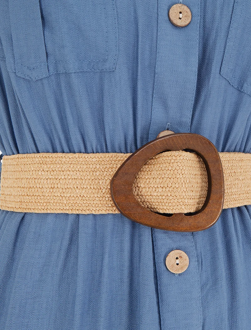 Einfarbiges langes Kleid mit Knöpfen - Blau