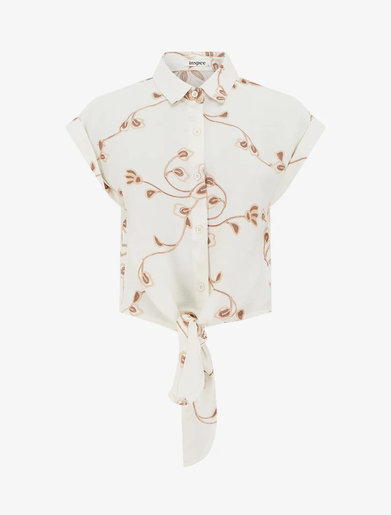 Bluse mit Blumenstickerei zum Binden - Ecru