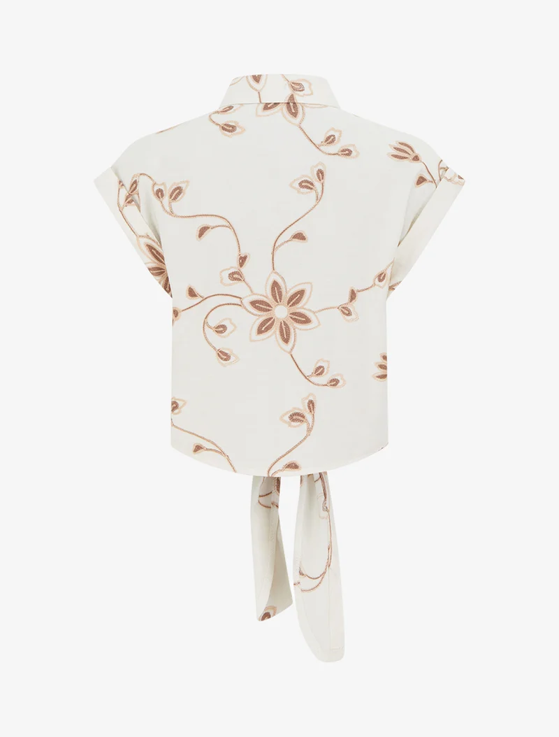 Bluse mit Blumenstickerei zum Binden - Ecru