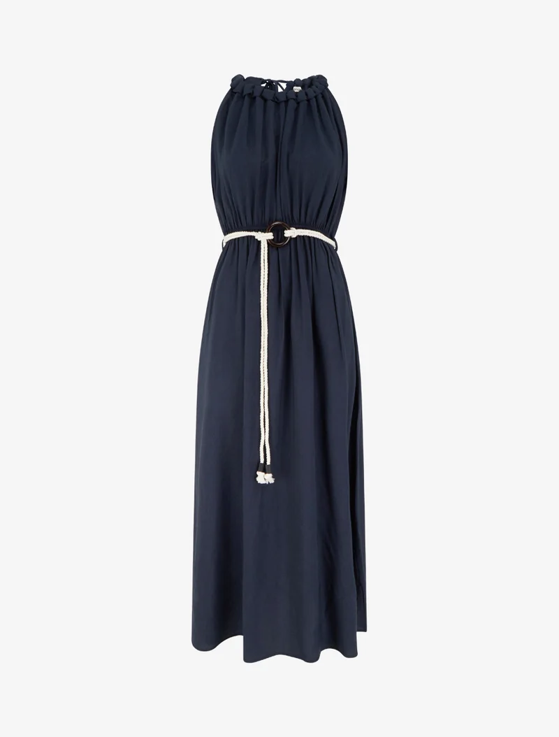 Langes einfarbiges Kleid mit stilisiertem Rundhalsausschnitt - Marine