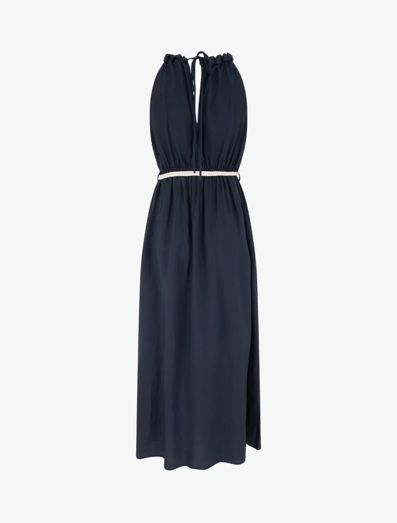 Langes einfarbiges Kleid mit stilisiertem Rundhalsausschnitt - Marine
