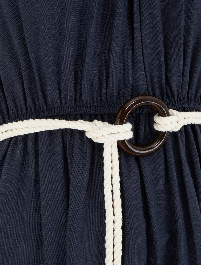 Langes einfarbiges Kleid mit stilisiertem Rundhalsausschnitt - Marine