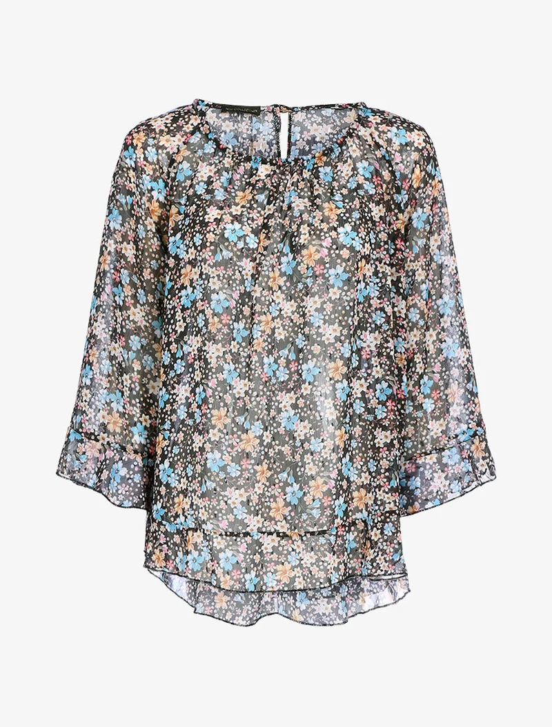 Transparente bedruckte fließende Bluse - Schwarz