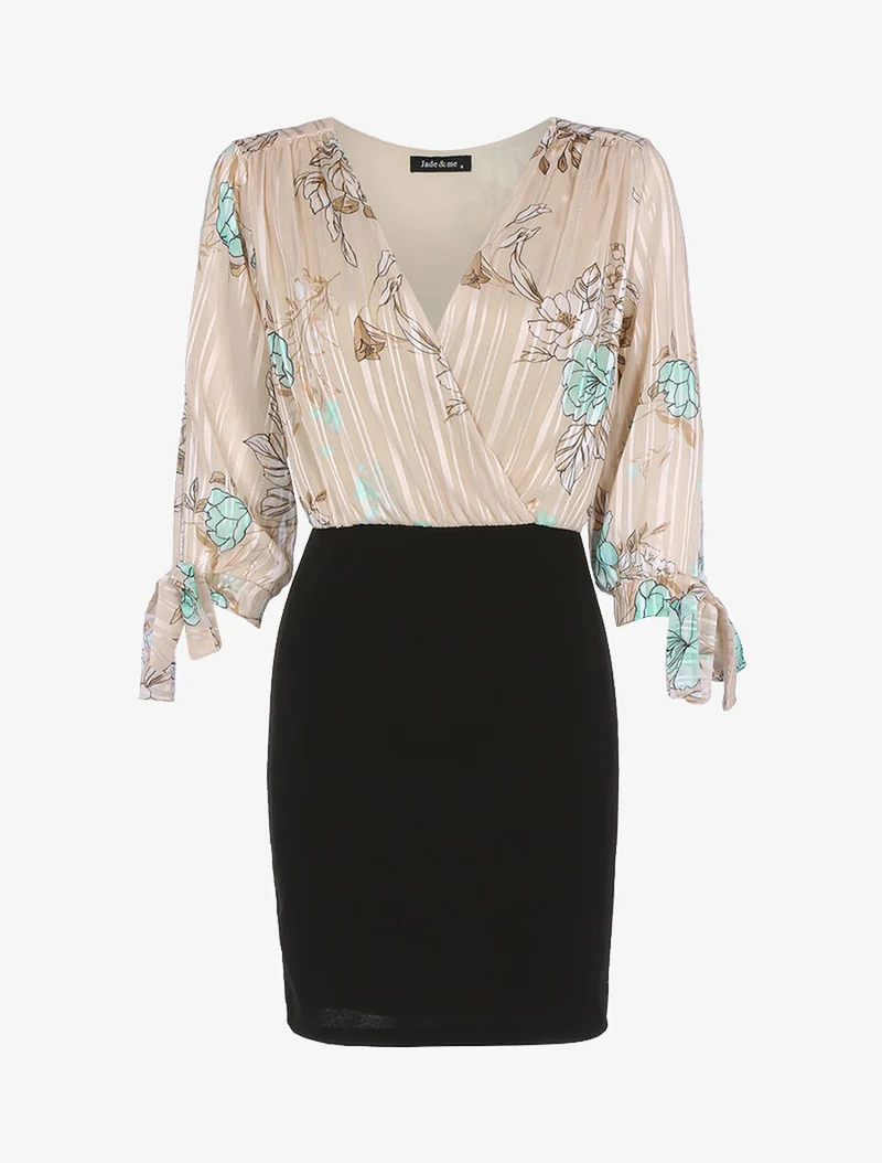 Kleid mit geblümtem Oberteil - Beige