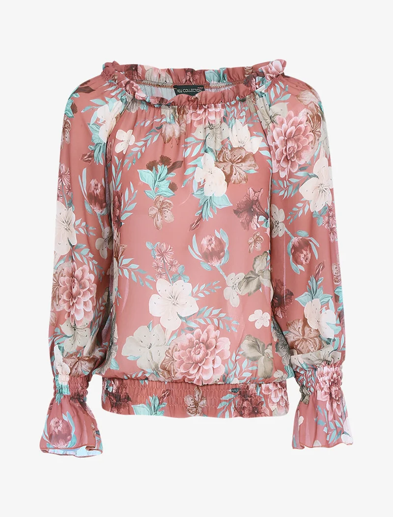 Transparente Bluse mit elastischem Taillenbund - Dunkelrosa