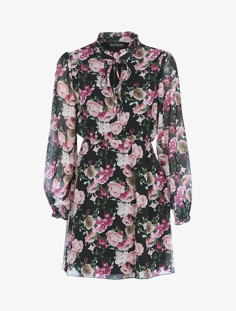 Bedrucktes Kleid mit hohem Rüschenkragen - Schwarz