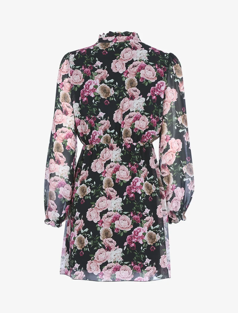 Bedrucktes Kleid mit hohem Rüschenkragen - Schwarz