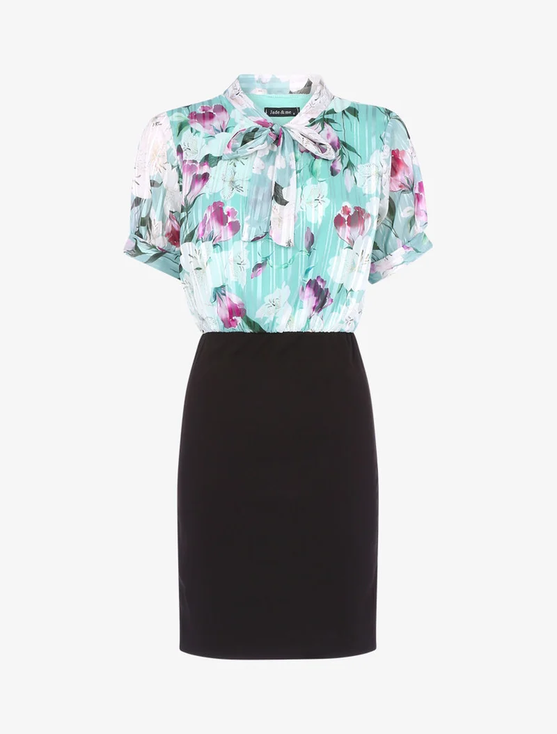 Kleid mit floral bedrucktem Oberteil - Grün