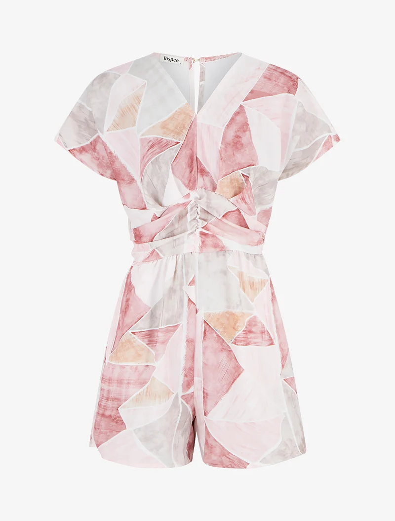 Gerade geschnittener Kurzarm-Overall mit Fantasiemuster - Rose