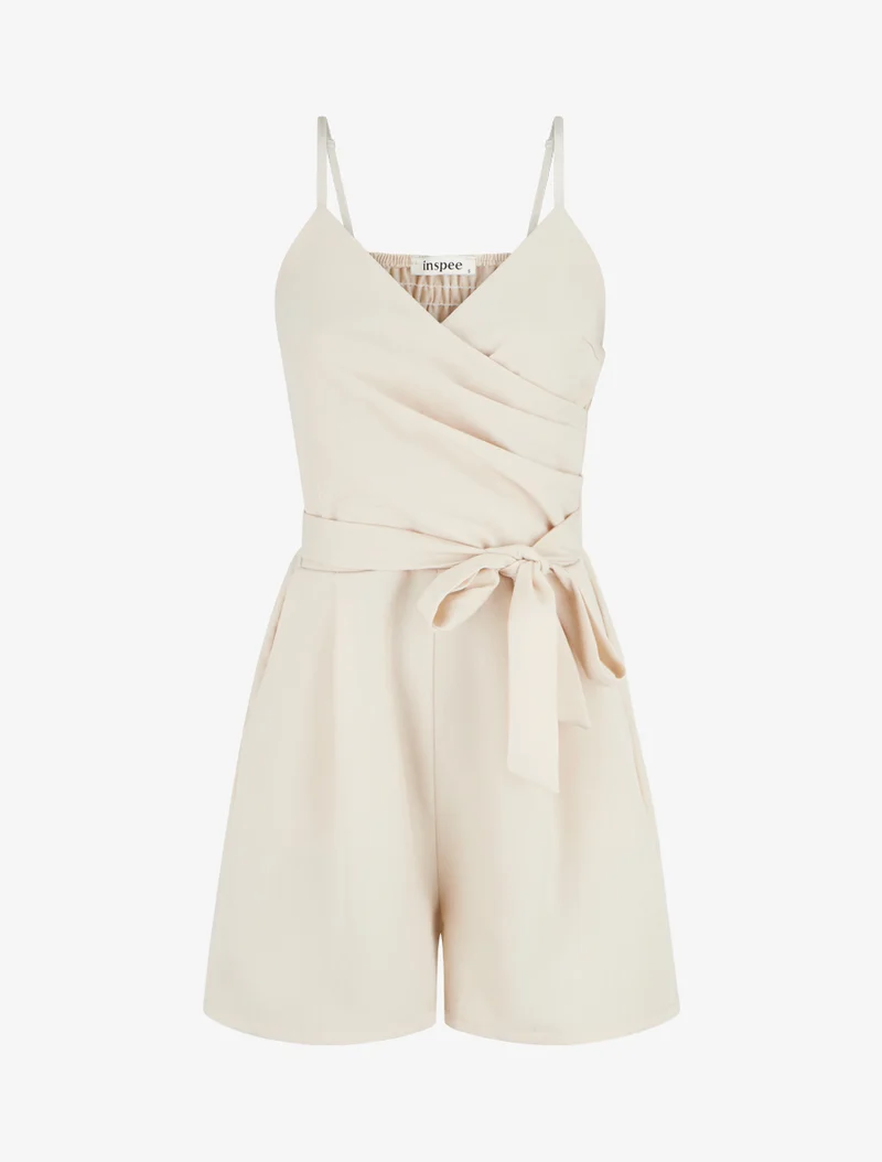 Fließender Jumpsuit mit schmalen Trägern - Beige