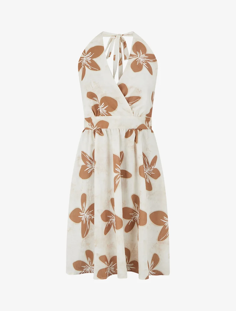 Rückenfreies Midikleid mit großem Blumenmuster - Terrakotta