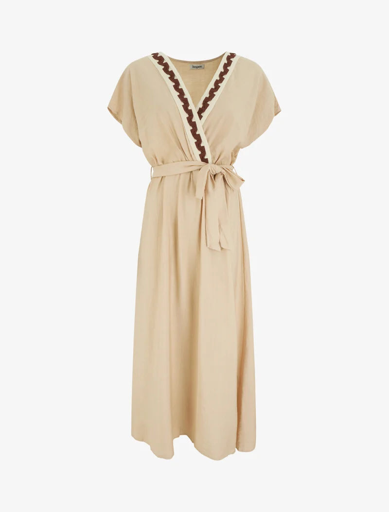 Langärmeliges Kleid mit fantasievollem Kragen - Beige