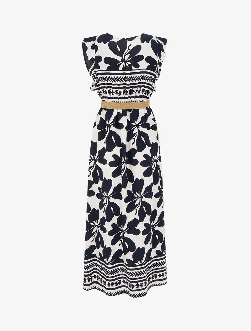 Langes Kleid mit großem Blumenmuster und Wickelkragen - Marine