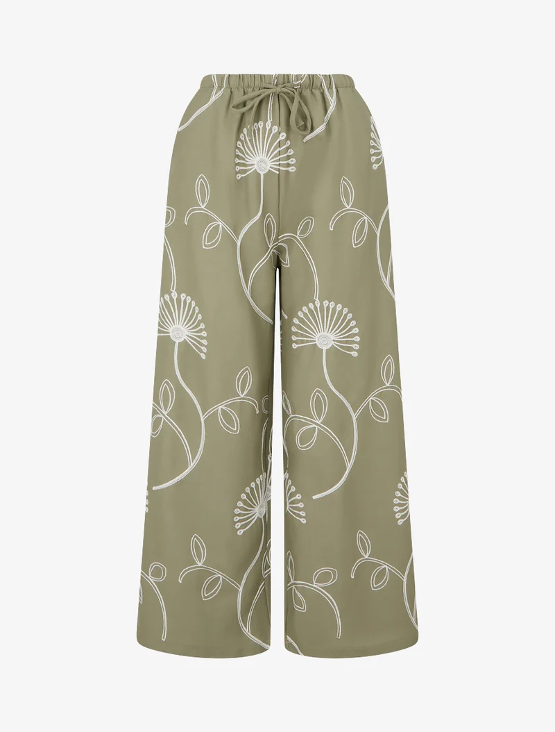 Weite Hose mit Blumenstickereien - Kaki