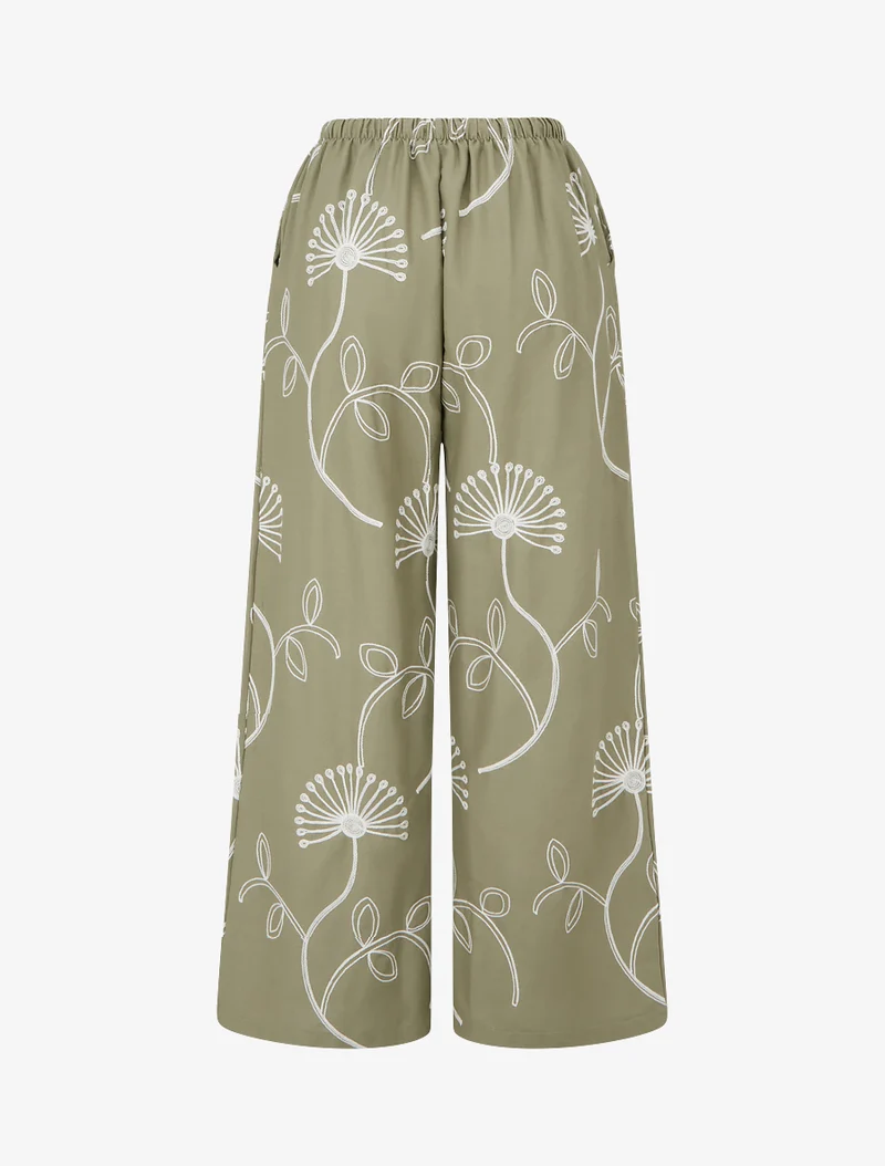 Weite Hose mit Blumenstickereien - Kaki