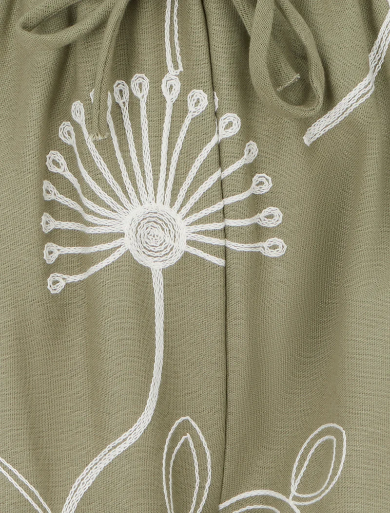 Weite Hose mit Blumenstickereien - Kaki