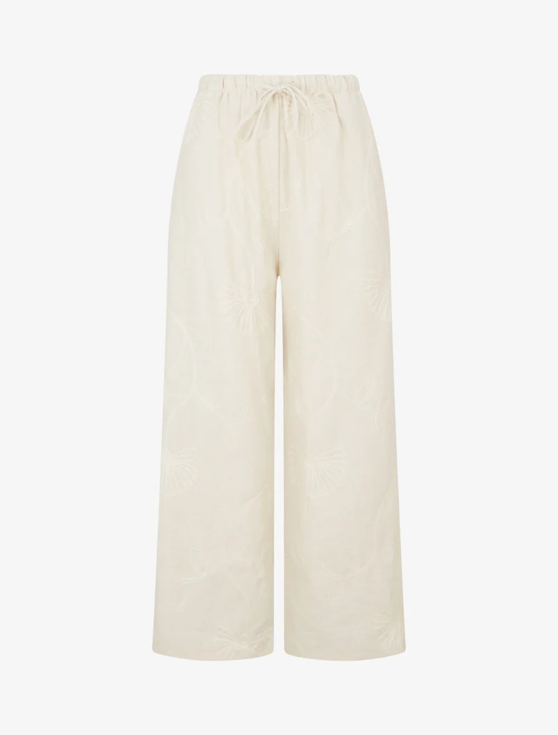 Weite Hose mit Blumenstickereien - Beige