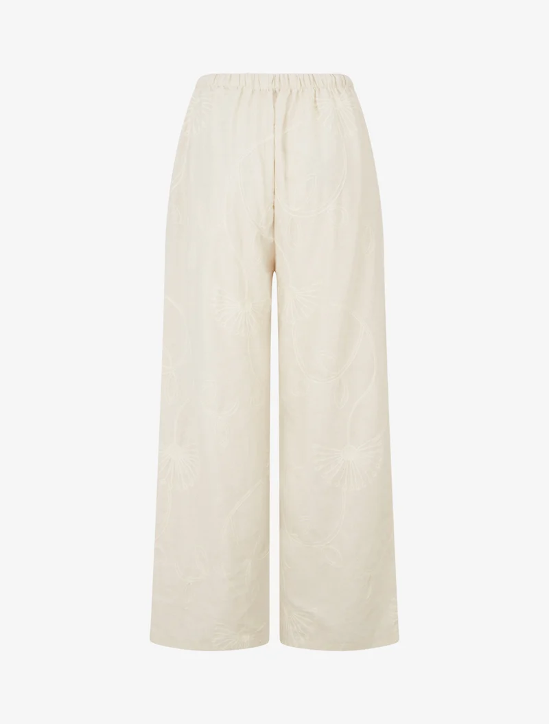 Weite Hose mit Blumenstickereien - Beige