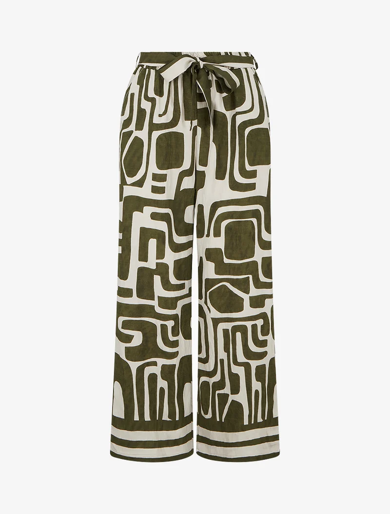 Gerade geschnittene Hose mit Gummizug und Fantasiemuster. - Kaki