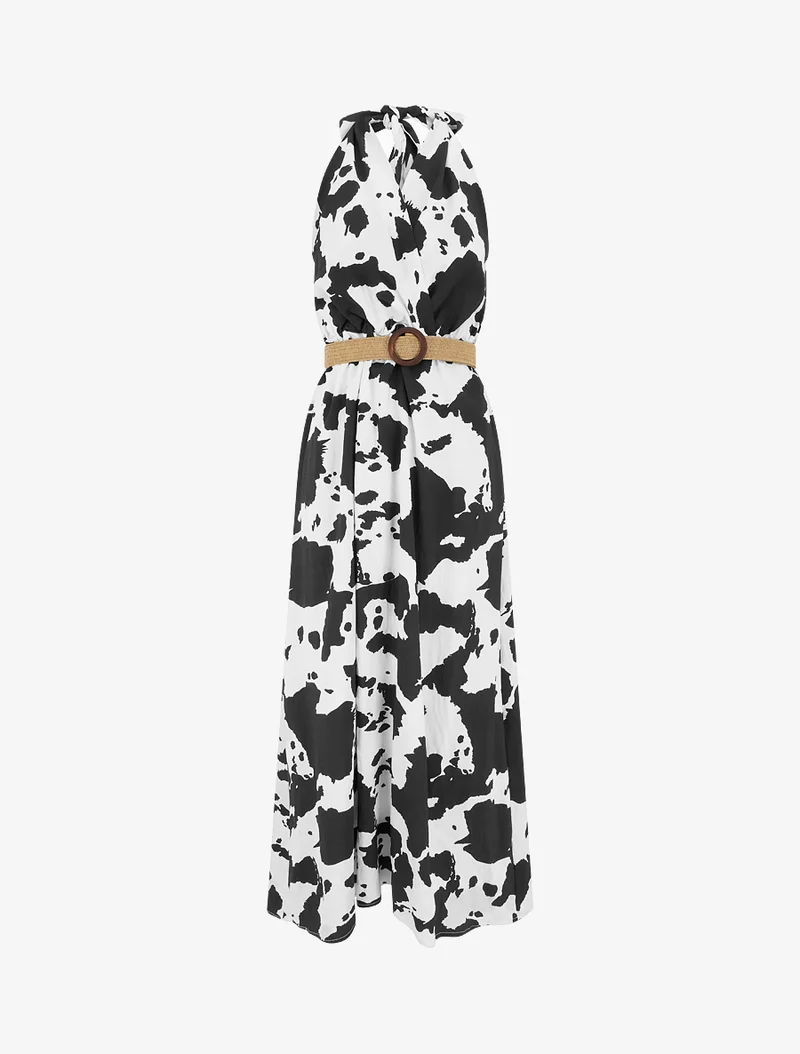 Rückenfreies langes Kleid mit Kuhmuster - Schwarz