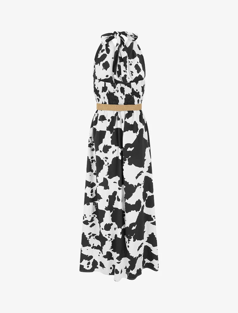 Rückenfreies langes Kleid mit Kuhmuster - Schwarz